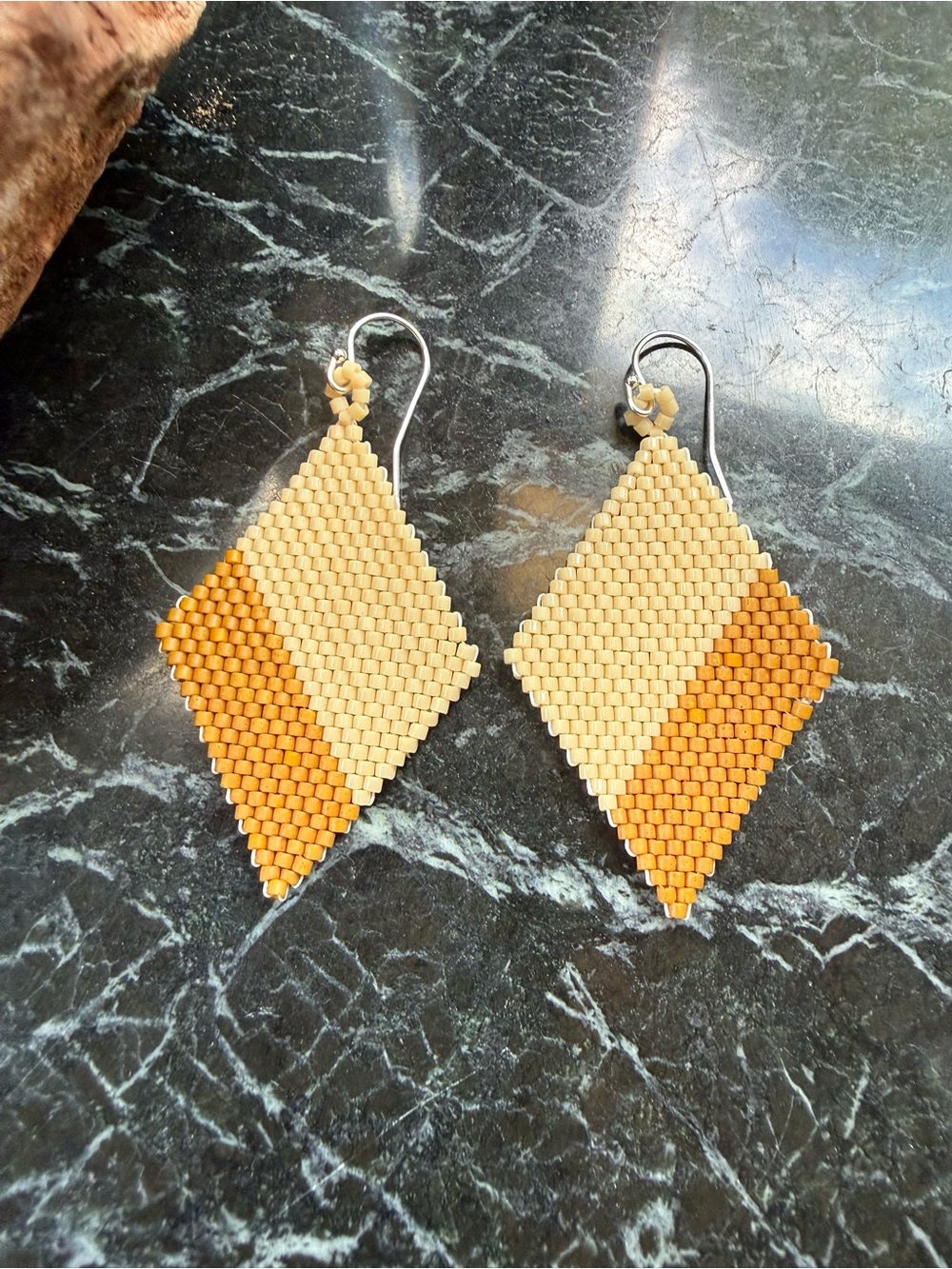 Handmade Beige and Mustard Seed Beaded Diamond Earrings
